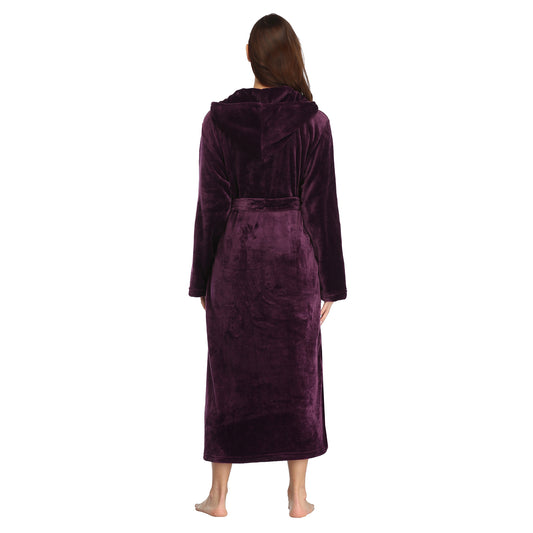 Womens Long Robes Plush Fleece Nightgown Thick Hooded Bathrobe With Pockets