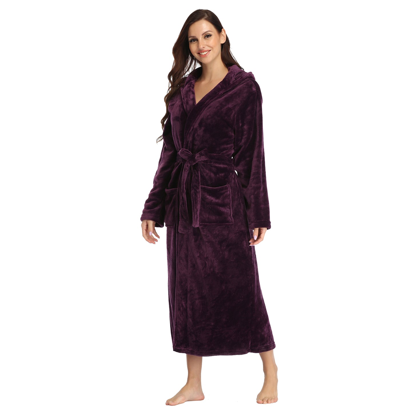 Womens Long Robes Plush Fleece Nightgown Thick Hooded Bathrobe With Pockets