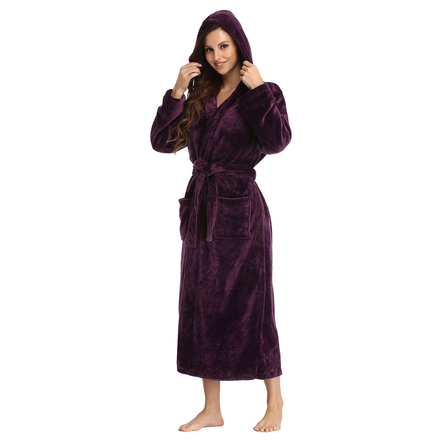 Womens Long Robes Plush Fleece Nightgown Thick Hooded Bathrobe With Pockets
