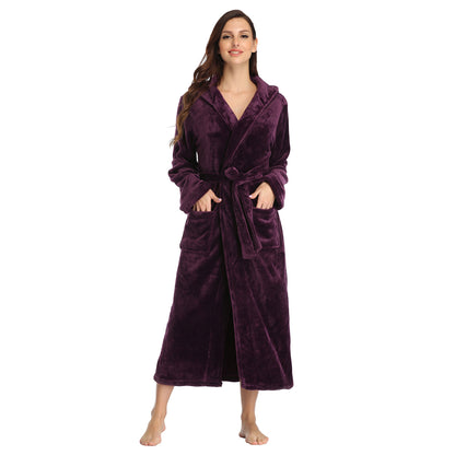 Womens Long Robes Plush Fleece Nightgown Thick Hooded Bathrobe With Pockets