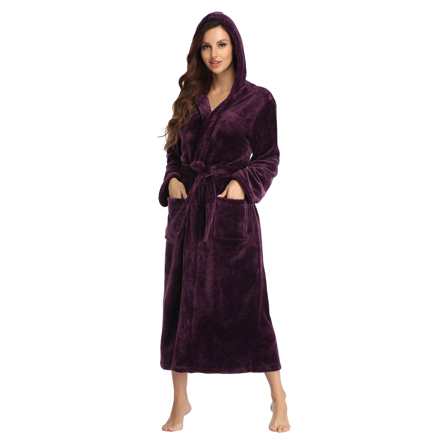 Womens Long Robes Plush Fleece Nightgown Thick Hooded Bathrobe With Pockets
