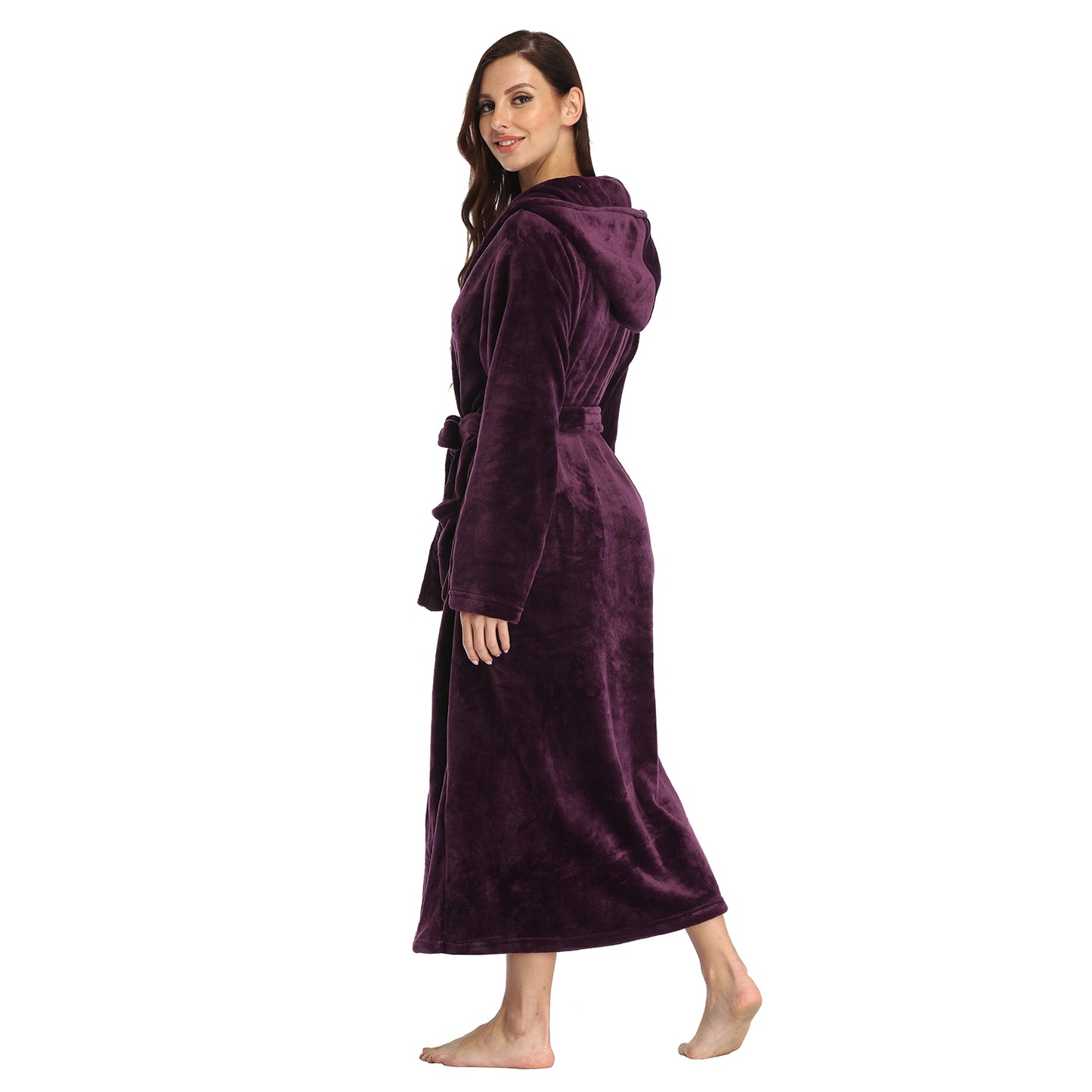 Womens Long Robes Plush Fleece Nightgown Thick Hooded Bathrobe With Pockets