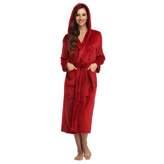 Womens Long Robes Plush Fleece Nightgown Thick Hooded Bathrobe With Pockets Fluffy Sleepwear