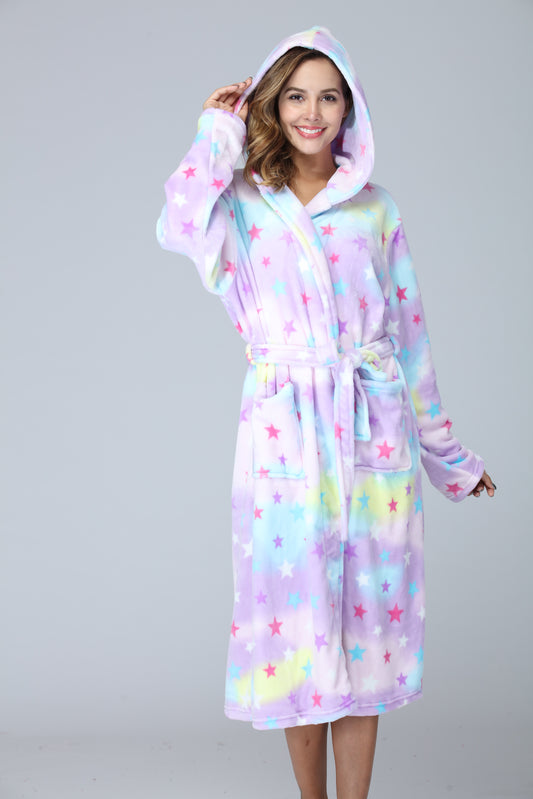 Womens Long Robes Plush Fleece Nightgown Thick Hooded Bathrobe With Pockets Fluffy Sleepwear For Men